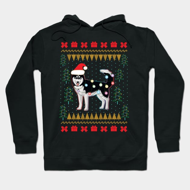 Husky Ugly Sweater Christmas Lights Hoodie by okpinsArtDesign